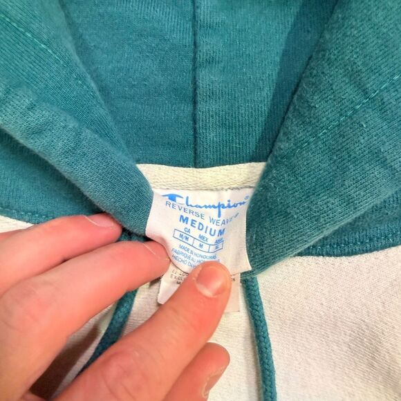 Champion Reverse Weave Hoodie Tie-Dye Upcycled Pastel Pullover Teal Hood Size L - Picture 15 of 16